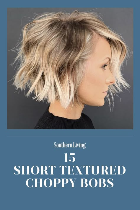 This short haircut is proof that a classic chin-length bob doesn't have to be boring, thanks to textured layers that act like major volume enhancers. There are so many choppy bobs to choose from, from super textured short bobs to airy long bobs that go lighter on the layers. Accessorize with add-ons like bangs and blunt ends. There are our favorite choppy bob hairstyles. #choppybobhairstyles #hairstylesforshorthair #bobhairstyles #shortbobhaircuts #southernliving Choppy Bobs With Bangs, Short Bob Hairstyles For Thick Hair Choppy Layers, Textured Short Bob Choppy Layers, Short Bob Hairstyles 2022, Short Textured Lob, Textured Bob With Bangs Choppy Layers, Choppy Bob Hairstyles Chin Length, Chin Length Bob With Layers Thick Hair, Short Messy Bob Choppy Layers Fine Hair