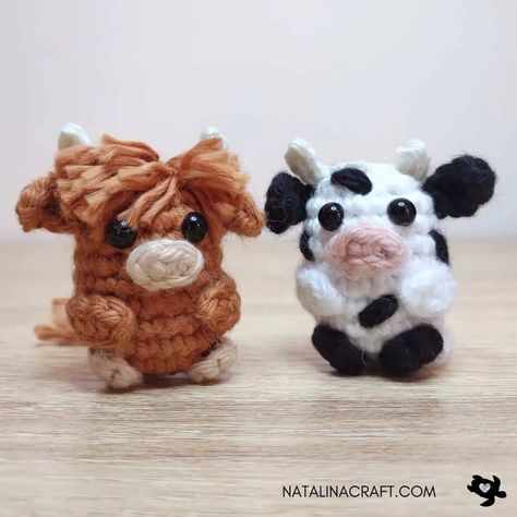 Highland Cow - Crochet Pattern - Natalina Craft Mini Highland Cow Crochet Pattern, Crochet Mini Highland Cow Free Pattern, Crochet Highland Cow Pattern Free Amigurumi Cows, Crochet Highland Cow Free Pattern, Crochet Highland Cow, Highland Cow Crochet, Small Crochet Gifts, Cow Crochet, Cow Ornaments