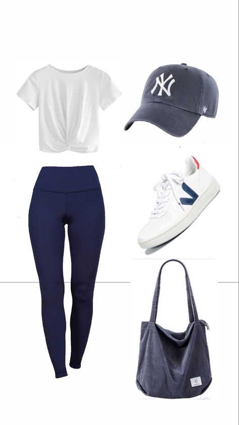 Yankee hat, navy leggings, white crop tshirt, navy blue corduroy bag, veja sneakers Navy Blue Leggings Outfit, Blue Tshirt Outfit, Blue Leggings Outfit, Leggings Casual Outfit, Dark Blue Leggings, Workout Leggings Outfit, Blue And White Outfits, Running Errands Outfit, Leggings Outfit Summer