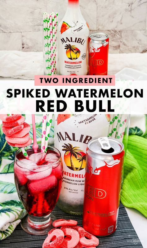 Spiked Watermelon Red Bull Cocktail - Love and Marriage Red Bull And Alcohol, Watermelon Mixed Drinks Alcohol, Mixed Drinks With Redbull, Easy Red Drinks Alcohol, Redbull Drink Recipes Alcohol, Red Bull Vodka Drinks, Watermelon Red Bull Cocktails, Alcoholic Drinks With Redbull, Alcohol Drinks With Red Bull