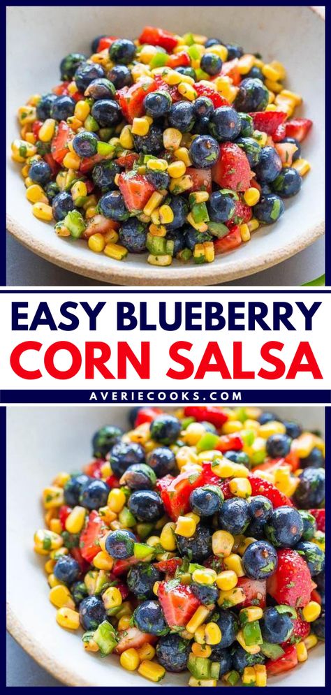 Blueberry Corn Salsa Blueberry Salsa Recipe, Labor Day Food Ideas, Blueberry Salsa, Corn Jalapeno, Healthy Salsa, Labor Day Food, 4th Of July Appetizers, July Appetizers, Fresh Salsa Recipe