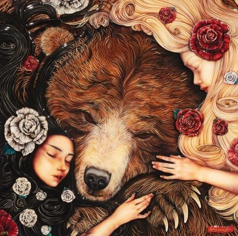 Snow White And Rose Red, Kerry Darlington, Illustration Kunst, Fairytale Illustration, Arte Sketchbook, Art Et Illustration, Fairytale Art, Bear Art, Arte Animal