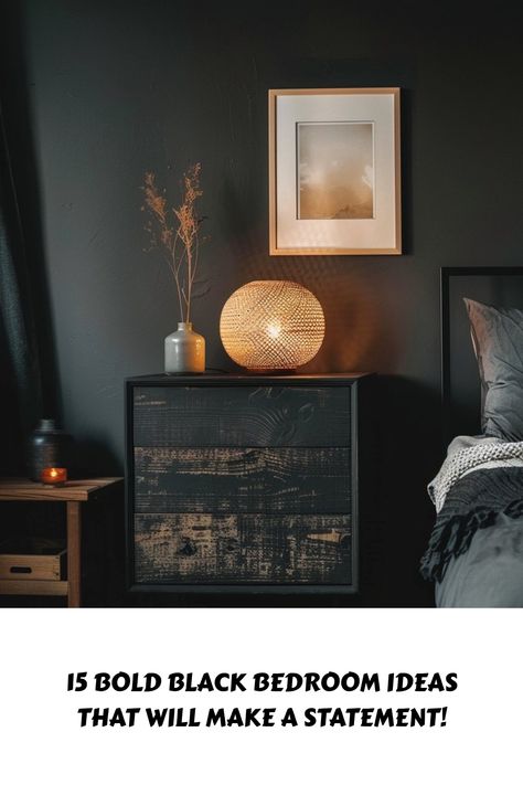 Turn your bedroom into a bold, chic retreat! 🖤 Discover 15 inspiring black bedroom ideas that bring depth and drama for a unique, stylish space. #BlackBedroom #BoldDecor #BedroomInspo Wood Panel Bedroom, Black Window Treatments, Vibrant Bedding, Black Bedroom Ideas, Dramatic Bedroom, Light Colored Furniture, Black Bed Frame, Panel Bedroom, Colorful Bedding