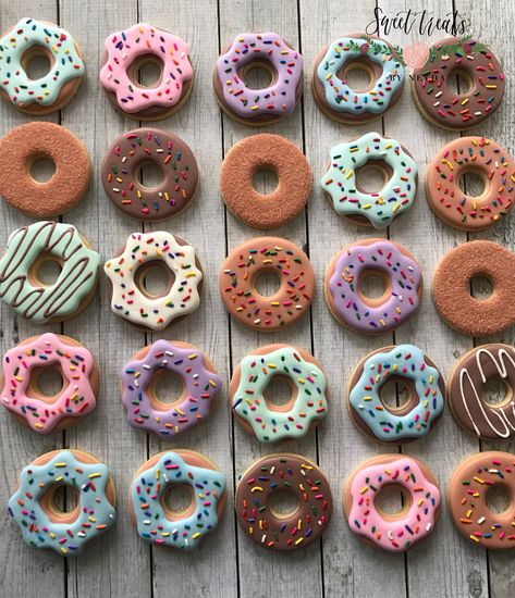 Donut Shaped Cookies, Donut Decorated Cookies, Donut Birthday Cookies, Donut Sugar Cookies Decorated, Donut Cookies Decorated, Donuts And Diapers Baby Sprinkle, Donut Sugar Cookies, Painting Cookies, Donut Sprinkle