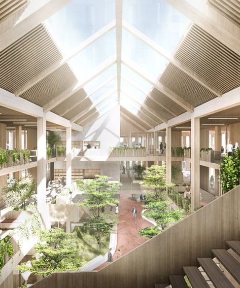 AART to grow 'babylonian garden' inside wooden building in denmark Social Housing Architecture, Atrium Design, Wooden Office, Wooden Building, Community Housing, Sustainable Community, Wooden Buildings, Community Space, Green Architecture