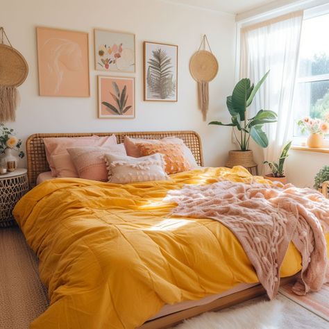 8 Colors That Go Well With Peach - Rhythm of the Home Yellow Bedspread Room, Peach Beige Bedroom, Orange Pink Room Aesthetic, Pink Yellow Orange Bedroom, Orange And Pink Interior, Mustard Yellow And Pink Bedroom, Sunset Bedroom Ideas, Neutral Room With Pop Of Color, Peach Room Aesthetic