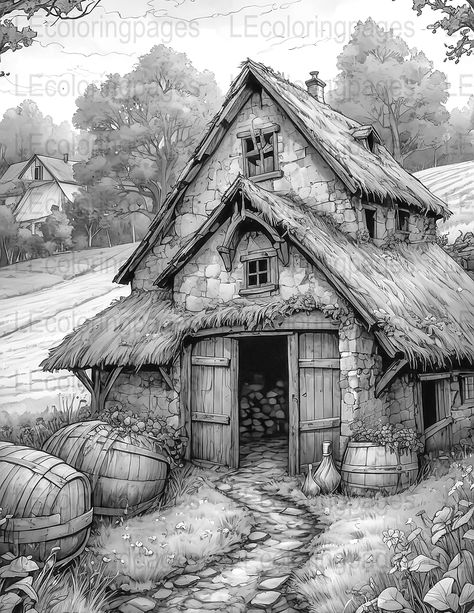 Escape into a quaint, tranquil world with our grayscale cottage scene, crafted specifically for adults who love coloring. Delight in the intricate details of a rustic house nestled in a serene landscape. Perfect for those looking to indulge in relaxation and mindfulness, this digital JPG file offers an instant download for immediate enjoyment. Simply print and start your journey to peace! We offer our full coloring books in PDF on our website: https://coloringbooksforadults.shop If you find the grayscale to be too light or too dark, just message me. I am happy to adjust it for you at no cost. Birds Photography Nature, Bee Coloring Pages, Drawing Scenery, Nature Landscape, Pencil Sketch Drawing, Cute Cottage, Adult Coloring Designs, Grayscale Coloring, Sketches Easy