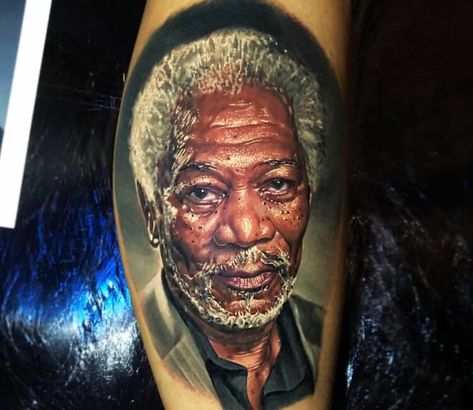 Tattoo photo - Morgan Freeman tattoo by Ben Kaye Hyper Realistic Tattoo, Full Tattoo, Family Tattoo Designs, Fusion Ink, Tatuaje A Color, World Tattoo, Morgan Freeman, 3d Tattoo, Realism Tattoo