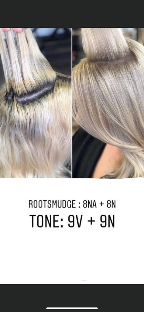 Grey Hair To Blonde Shades, Root Smudge Blonde Formula Wella, Smudge Hair Color Blondes, Blonde Root Smudge Formula, Root Smudge Blonde Before And After, Kenra Toner Formula, Root Formula Shades Eq, Redken Shades Toner Formulas, Redken Shades Eq Formulas Blondes Root Tap