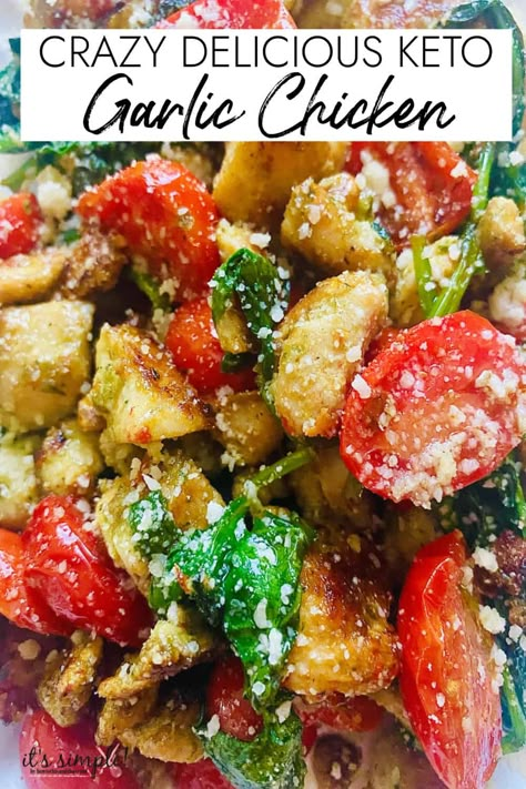 Keto garlic chicken is the perfect quick & easy skillet meal for the garlic lovers. Combined with lemon & parmesan, this keto chicken is irresistible! Cherry tomatoes add a hint of sweetness rounding everything out. You have to try this mouth watering #ketochicken for your next #ketodinner or #ketomealprep #ketomealprepping #ketodinnerideas #easyketorecipes #simpleketorecipes #howtothisandthat #ketoforbeginners #easyketomeals #kidfriendlyketo #ketochickendish #lowcarbdinner #lchfrecipes Keto Lunch Meal Prep Low Carb, Diced Chicken Recipes Keto, Hyper Ketosis Recipes, Low Carb Chicken Skillet Recipes, Hyper Ketosis Meals, Keto Healthy Snacks, Keto Sides For Chicken, Mediterranean Keto Diet Recipes, Crockpot Keto Chicken Recipes