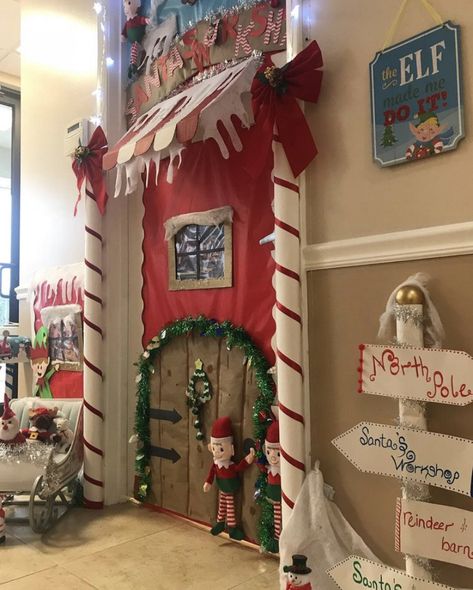 Santas Work Shop Door Decoration, Santa Workshop Decorations Diy Office, North Pole Door Decorating Contest, Santas Workshop Classroom Door Ideas, Santa’s Workshop Hallway Decorations, Elf Workshop Door Decorations, Santa’s Workshop Door Contest, Santa's Workshop Window Display, Santa's Workshop Door Decorations