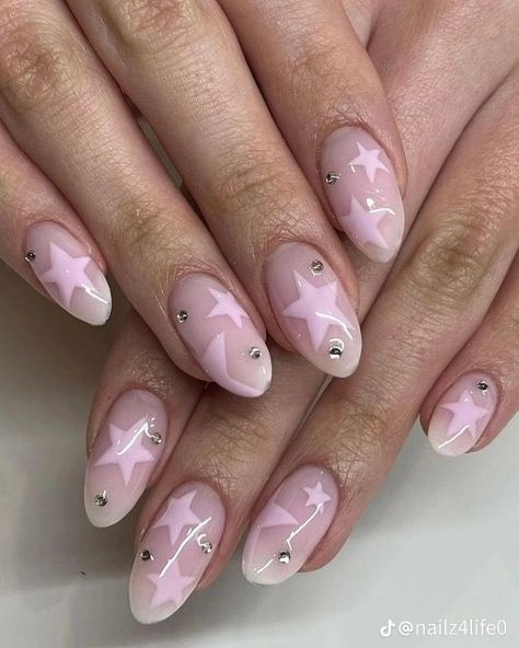 Pink Star Nails Acrylic, Euphoria Nails, Star Nail Designs, Acrylic Nails Nude, Cute Pink Nails, August Nails, Star Nail, Trending Nails, Hello Nails