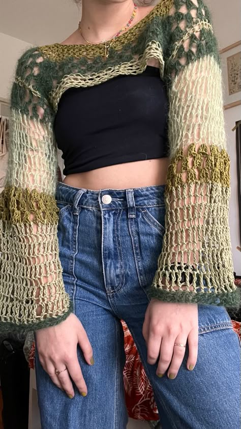 Mohair Shrug, Moss Crochet, Shrug Sleeves, Crochet Mesh Top, Crochet Mohair, Crochet Shrugs, Spring Crochet, Boho Whimsical, Crochet Clothes Ideas