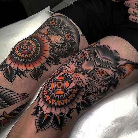 Traditional Apparel Co. on Instagram: “Left knee or right knee? 💉 comment below! . Credits: @morstattoo check out this page!” Traditional Tattoo Knee, Traditional Thigh Tattoo, Thigh Tattoo Men, Traditional Black Tattoo, Traditional Tattoo Flash Art, Traditional Tattoo Inspiration, American Traditional Tattoo Ideas, Traditional Tattoo Ideas, Traditional Style Tattoo