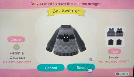 ACNH bat sweater that I created Grunge Acnh Clothes, Acnh Sweater Code, Acnh Clothes Design Id Goth, Acnh Goth Clothes, Goth Acnh Codes, Acnh Sweater, Acnh Themes, Spiderweb Sweater, Acnh Spooky