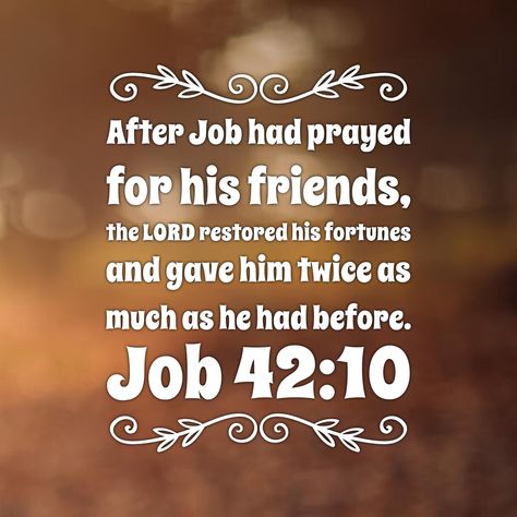 After Job had prayed for his friends, the LORD restored his fortunes and gave him twice as much as he had before. Job 42:10 Bible Job Quotes, Job In The Bible Quotes, Job Quotes Bible, Job Scripture Quotes, Job Bible Quotes, Job Scripture, Job 42 10, Gods Truth, Praying For Friends