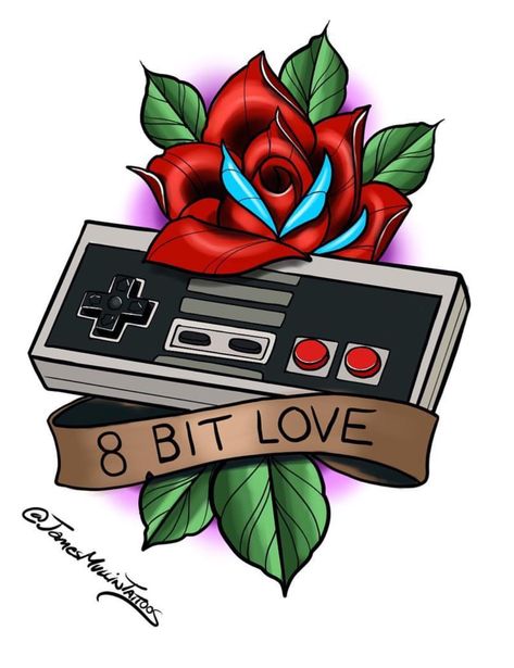 NES Controller, Tattoo Nes Controller Tattoo, Videogame Tattoo Ideas, Nintendo Controller Tattoo, Game Controller Tattoo, New School Tattoo Flash, Nes Tattoo, Nintendo Tattoo Ideas, 8 Bit Tattoo, 90s Tattoo Ideas