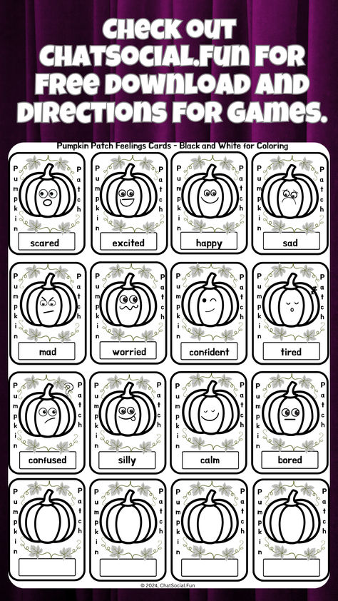 Pumpkin Patch Feelings Cards is a feelings activity that has a set of 16 pumpkin cards.  The set is in black and white. There are 12 pumpkins with feelings and 4 blank pumpkins to add 4 additional feelings.  The 12 feelings include: confused, scared, mad, excited, worried, silly, happy, confident, calm, tired, bored, and sad.  The games build coping and social skills.  They help practice naming feelings, identifying facial expressions, and identifying what can cause certain feelings (triggers). Feelings Activity, Thanksgiving Bulletin Boards, Friendship Skills, Feelings Activities, Perspective Taking, Pumpkin Cards, Games And Activities, Fall Activities, Activity Ideas