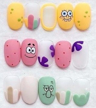 Cartoon Nails Disney, Pokemon Nail Art, Desain Salon Kuku, Cartoon Character Nails, Nail Art Cartoon, Pokemon Nails, Fun Nail Art Designs, Spongebob Nails, Food Nail Art