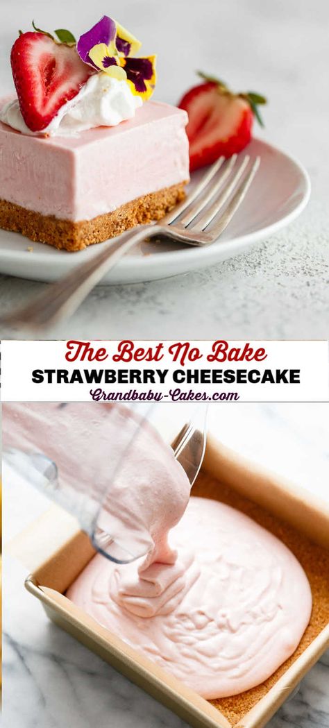 No Bake Strawberry Cheesecake Recipe – The easiest and most delicious strawberry cheesecake bars fit for any celebration.  The filling is absolutely sensational and tastes just like strawberry ice cream.  Addictive!  #cheesecake #strawberry #nobake #nobakecheesecake Strawberries Cheesecake Filling, Strawberry Dessert Recipes Easy No Bake, Strawberry Cheesecake Dessert Recipes, Strawberry Cheesecake Bars Easy, No Bake Cheesecake Strawberry, Strawberry Cheesecake Recipes Easy Homemade, Strawberry Cheesecake Recipe Easy No Bake, No Bake Strawberry Cheesecake Bars, Easy Strawberry Cheesecake Recipes