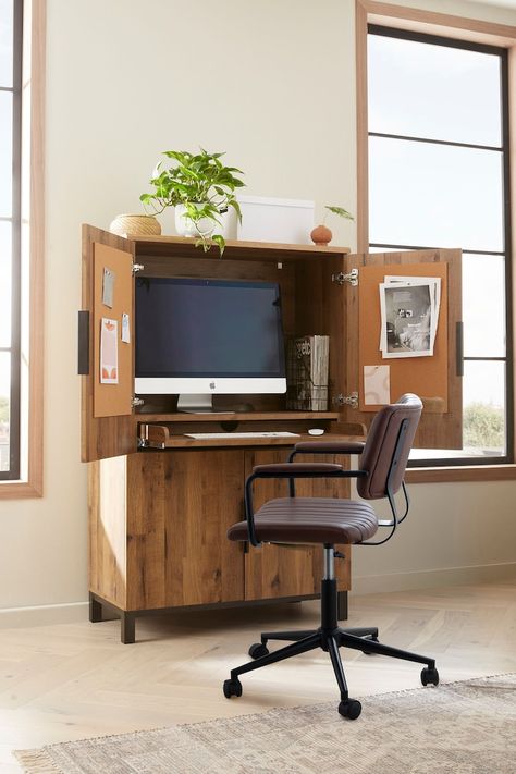 Small Desk Cabinet, Computer Desk For Small Spaces, Hideaway Desk Work Stations, Compact Desk Ideas, Hidden Desk In Living Room, Hidden Desk Cabinet, Desk In Dining Room Ideas, Compact Work Desk, Compact Office Space