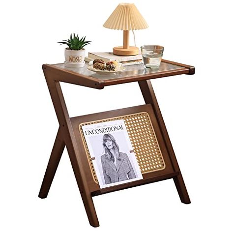 Boho Nightstand, Brown Side Table, Mid Century Nightstand, Rattan Side Table, Shape Magazine, Small Space Storage, Magazine Holder, Bamboo Frame, Small Coffee Table