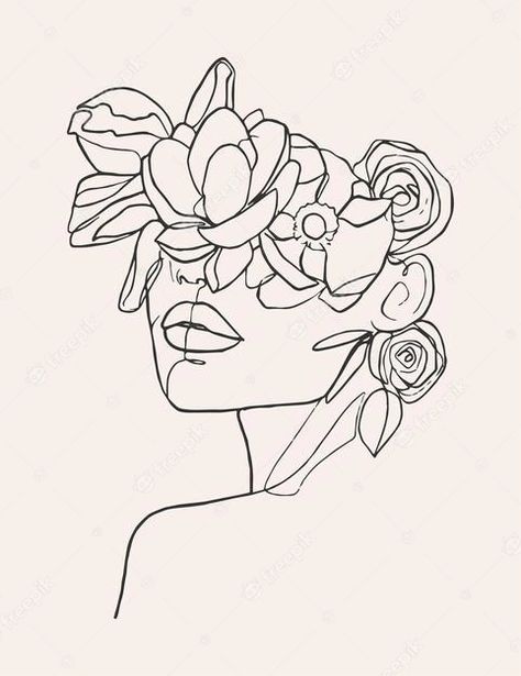 Face With Flowers, Line Art Flowers, Woman Line Art, Woman With Flowers, Doodle Art Flowers, Linear Art, Abstract Face Art, Simple Poster, Face Illustration