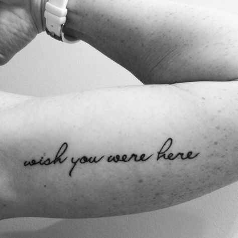 Wish you were here #tattoo deep meaning tattoo to remember loved ones. They are always with you. #innerbicep Memorial Tattoos Mom, Grandpa Tattoo, Memory Tattoos, Grandma Tattoos, Baby Name Tattoos, Remembrance Tattoos, Ring Finger Tattoos