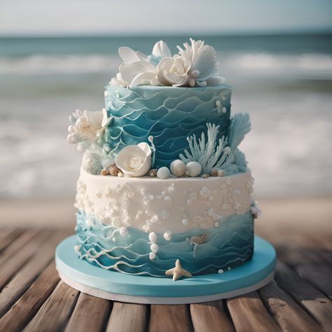 Fancy Wedding Cake Wedding Cakes Beach Theme, Wedding Cake Ocean Theme, Beachy Wedding Cake, Ocean Themed Cakes, Beach Themed Birthday Cakes, Sea Cake Ideas, Beach Cake Ideas, Ocean Cake Ideas, Beach Theme Birthday Cake