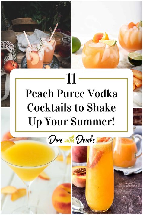 Collage of 4 peach puree vodka cocktails. Peach Vodka Cocktails, Peach Lemonade Cocktail, Peach Vodka Drinks, Fruity Vodka Drinks, Peach Schnapps Drinks, Summer Vodka Drinks, Vodka Soda Cocktails, Peach Cocktail Recipe, Vodka Recipes Drinks