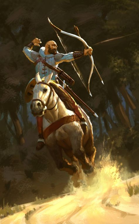 cavalry archer Horse Archer, Fantasy Fighter, Medieval Era, Dnd Ideas, Rpg Characters, Color Pallete, Male Character, Fantasy Armor, Wow Art