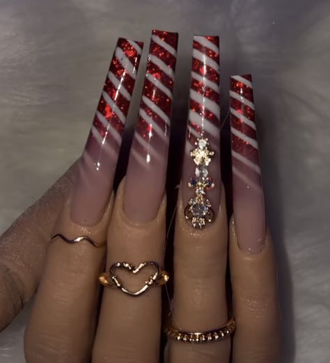 Candy Cane Almond Nails, December Acrylic Nails, Junk Nails, Nail Goals, Candy Cane Nails, December Nails, Skin Nails, Long Acrylic, Crazy Makeup