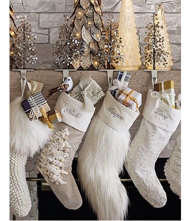 Home Furniture, Home Decor & Outdoor Furniture | Pottery Barn White Christmas Stockings, Pottery Barn Christmas, White Christmas Ornaments, Holiday Lookbook, Holiday Mantel, Personalized Stockings, Christmas Style, Boho Christmas, Christmas Mantels