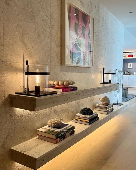 Stone Floating Shelf, Travertine Shelves, Travertine Shelf, Dream Architecture, Travertine Bathroom, Tv Shelf, Travertine Stone, Instagram White, Lamp Lighting