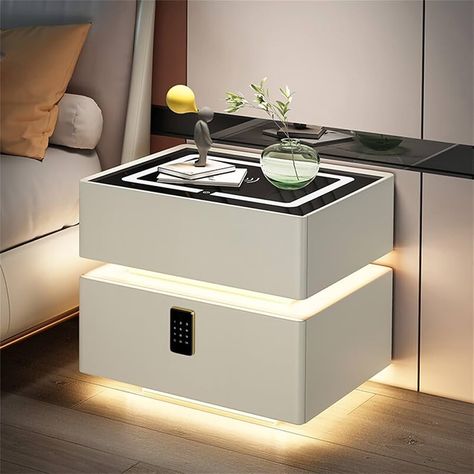 Amazon.com: FZYUAN Smart Nightstand with Wireless Charging & USB Port, Bedroom Side Table with Smart Combination Lock and Speaker, 2/3 Storage Drawers, LED Light Modern Bedside Table for Bedroom,Beige 2,W 40cm/16 : Home & Kitchen Bedside Table Ideas Modern, Night Tables Bedroom, Bedroom Side Table, Unique Bedside Tables, Mens Room Decor, Bedroom Beige, Futuristic House, Black Bedside, Table For Bedroom