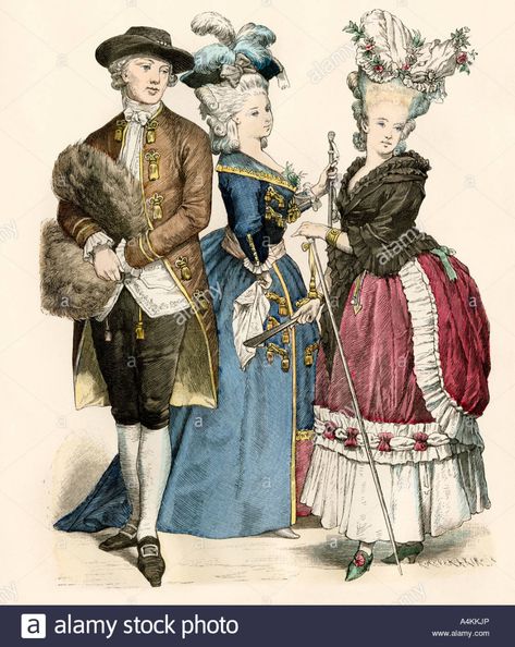 French clothing and hair fashion 1770s. Hand-colored print Stock Photo Fashion In France, Wind Pictures, French Clothing, French Outfit, Poster Size Prints, Portrait Images, Hair Fashion, Historical Costume, Cool Posters