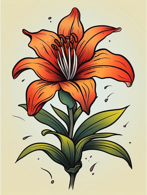 Orange Lily Tattoo, Lily Traditional Tattoo, Orange Lilies Tattoo, Tiger Lily Drawing, Tiger Lilly Drawing Flowers, Orange Day Lily Tattoo, Tiger Lily Tattoo, Orange Lily Flower Drawing, Tiger Lily Tattoos