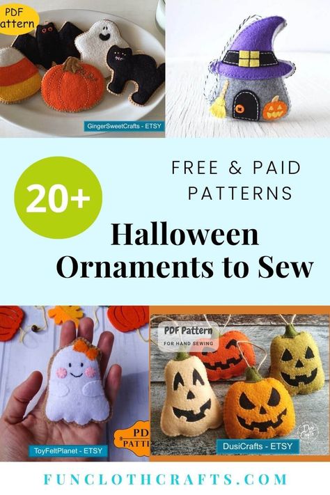 Halloween Felt Ornaments Patterns Free, Diy Felt Halloween Decorations, Halloween Felt Crafts Diy, Felt Halloween Ornaments Free Patterns, Halloween Felt Crafts Free Pattern, Diy Halloween Ornaments For Tree, Halloween Felt Ornaments, Diy Halloween Ornaments, Ornaments To Sew