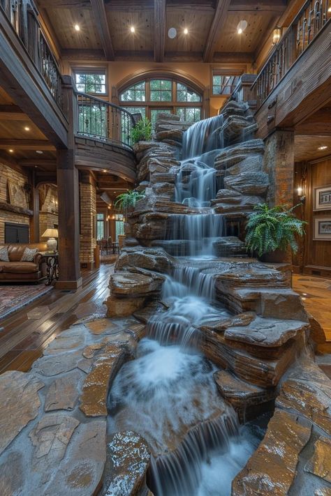 Water Fall In House, Waterfall In House, Waterfall Stairs, Waterfall Room, Stone House Design, Hobbit House Interior, Waterfall House, Dream Life House, May Day