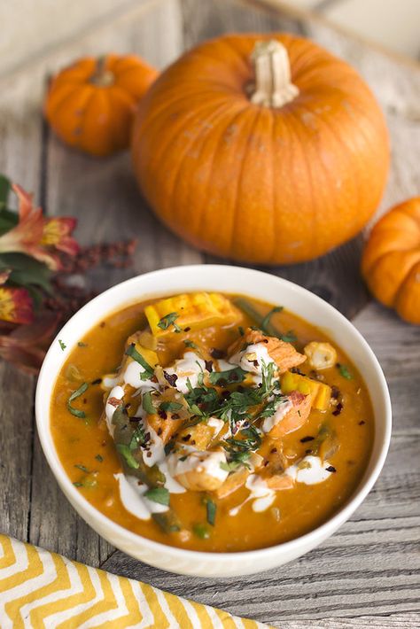 Thai Pumpkin Curry with Salmon and Shrimp - Tasty Yummies Thai Pumpkin Curry, Homemade Curry, Salmon And Shrimp, Pumpkin Curry, Fall Dishes, Pumpkin Soup, Curry Recipes, Salmon Recipes, Pumpkin Recipes