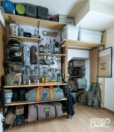 Outdoor Gear Storage, Camping Gear Storage, Camping Room, Adventure Room, Garage Storage Inspiration, Gear Room, Garage Room, Gear Storage, Man Cave Room