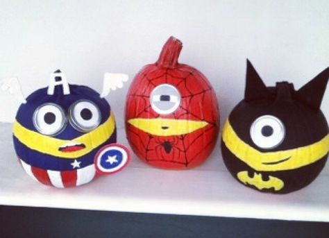 2014 painted pumpkins Halloween super minions Captain America, Spider-Man, Batman Pumpkin Painting Superhero, Marvel Painted Pumpkins, Avengers Pumpkin Painting, Superhero Pumpkin Painting, Painted Pumpkins Halloween, Batman Pumpkin, Batman Crafts, Pumpkins Decorations, Spiderman Halloween