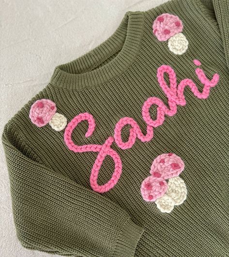 Cute mushrooms for Saahi ✨ 🩷 Green discontinued jumper, super chunky ‘flamingo’ for personalisation Embroidered Sweaters, Cute Mushrooms, Super Chunky, Embroidered Sweater, Baby Cardigan, Flamingo, Cardigans, Stuffed Mushrooms, Jumper