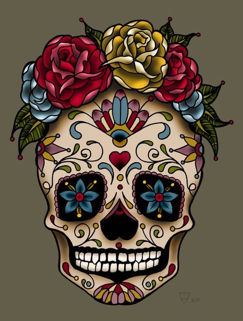 Day Of The Dead Skull Art, Sugar Skull Design Ideas, Mexican Skull Drawing, Sugar Skull Painting Ideas, Sugar Skull Drawings, Sugar Skull Ideas, Skull Art Painting, Sugar Skull Art Print, Sugar Skull Images