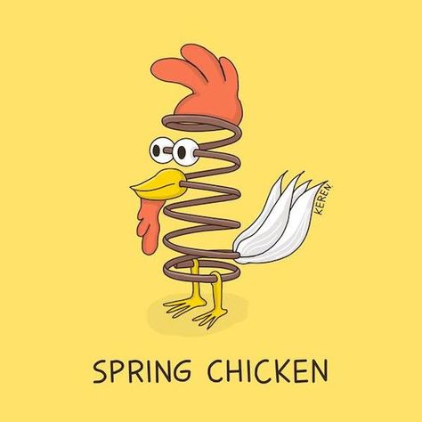 Funny Pun: Spring Chicken Chicken Puns Funny, Chicken Puns, Corny Puns, Bohemian Style Home, Punny Puns, Visual Puns, Cartoon Chicken, Graphic Book, Spring Chicken