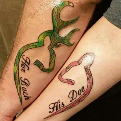 15+ Awesome Deer Couple Tattoos Designs Couples Deer Tattoos, Country Couple Tattoos, Deer Head Stencil, Tattoos Hunting, His And Her Tattoo, Disney Couple Tattoos, Deer Tattoos, Married Couple Tattoos, Marriage Tattoos