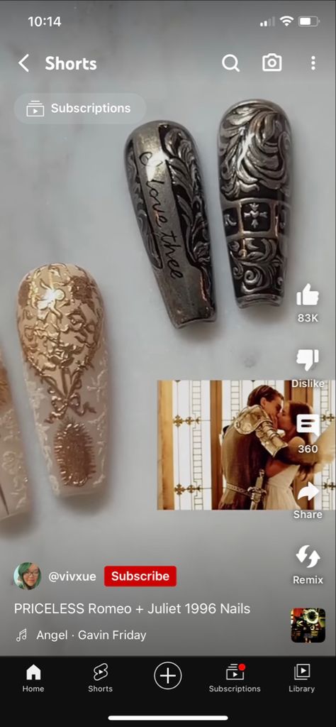 Romeo And Juliet 1996 Halloween Costume, Romeo And Juliet Nail Art, Romeo And Juliet Nails, Romeo And Juliet Wedding Rings, Romeo And Juliet Display, Romeo Juliet 1996, Romeo Snd Juliet 1996, Romeo And Juliet, Nail Inspo