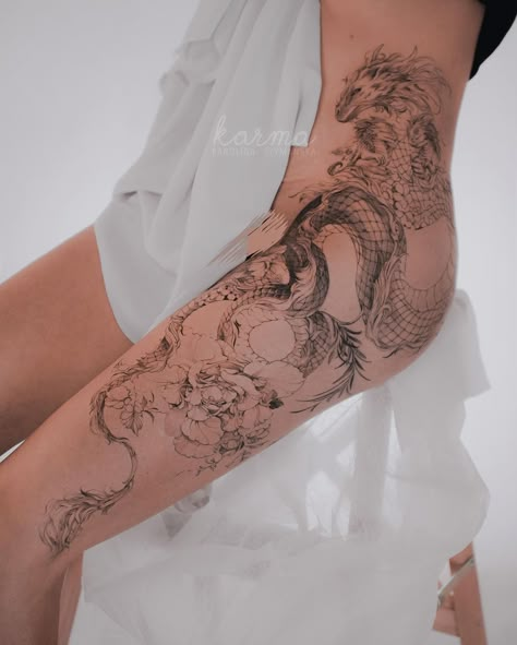 Tattoos that you liked the most in 2019 (from 1st place to 9)♥️ What is your favourite right now? :) I’m so curious which one would you… | Instagram Band Tattoos For Women, Dragon Tattoo Leg, Leg Band Tattoos, Cover Up Tattoos For Women, Symmetrical Tattoo, Tattoos To Cover Scars, Hip Thigh Tattoos, Wrap Tattoo, Band Tattoos