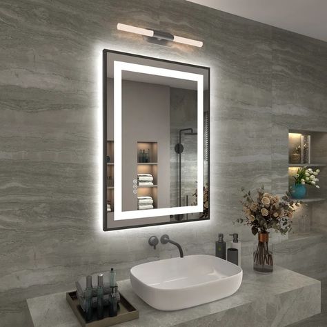 Ivy Bronx Losino Matte Black Framed Front & Back LED Lighted Anti-fog Tempered Glass Bathroom / Vanity Mirror & Reviews | Wayfair Glass Bathroom Vanity, Silver Bathroom, Primary Bath, Free Mirror, Wall Bathroom, Led Mirror Bathroom, Glass Bathroom, Wall Mounted Vanity, Light Strip