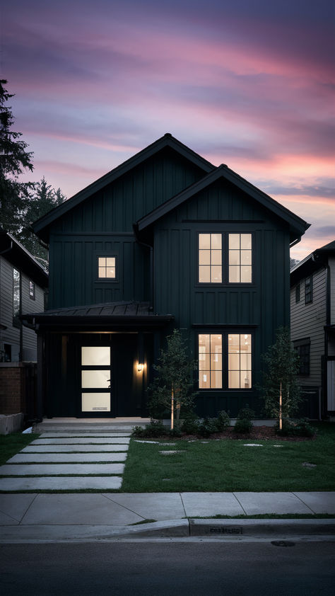 A dark forest green exterior with matte black trim makes a bold and dramatic statement on the modern homes. On the one hand, deep green color balances nature and the feel of sophistication, while on the other hand, the black trim underlines the confident architectural design. All Black House Exterior, Clay Roof Tiles, Clay Roofs, Blue Shutters, Green Exterior, Deep Green Color, Grey Exterior, White Windows, Outdoor Paint